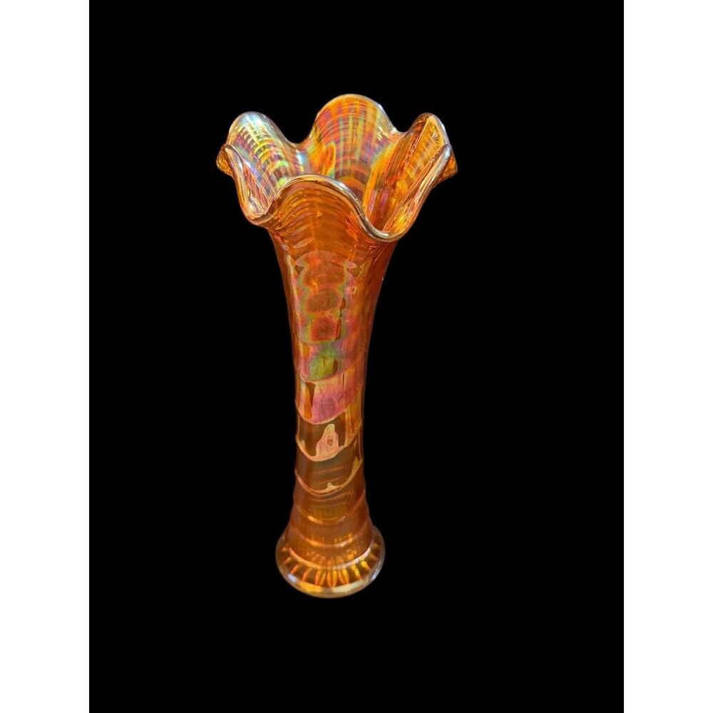 Vintage Imperial Marigold Carnival Glass Ripple Ruffled Swung Vase 11.25” Tall